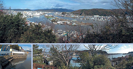 上：日和山から上流に向けて、石巻港を臨む。中央の中瀬には今も造船所があった。 下段左：川港のところどころに残る石積みの雁木。護岸工事で近く消えてしまうそうだ。 下段右：石巻港中瀬の上流にある川港。写真の右端に、中瀬にかかる橋が見える。