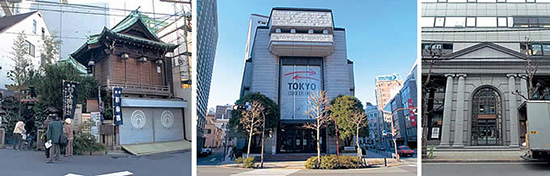 左：小網稲荷。中：東京証券取引所。右：東京穀物商品取引所