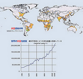 「大豆適地分布」と「世界の大豆生産量」