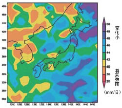 二酸化炭素倍増時の50mm/日降水と同じ生じ易さの現状の降水強度