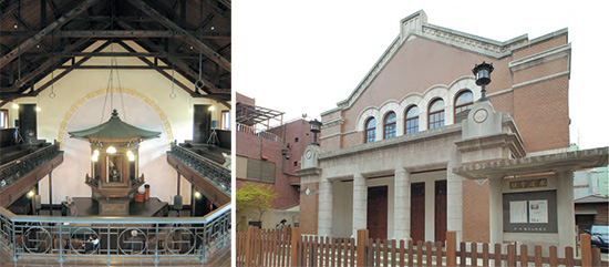 左：アール・ヌーボーを日本に紹介した建築家、武田五一らしい意匠が多く残されているされている内装。 右：近角常観の「墓」として明確な位置づけをもって蘇った求道会館。