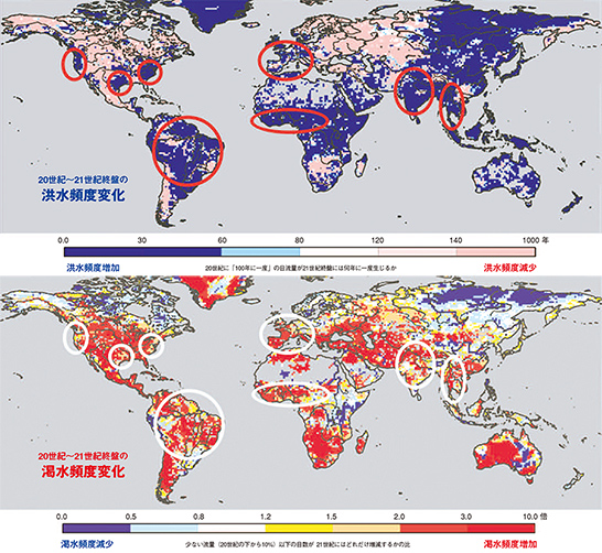 上の20世紀〜21世紀終盤の渇水頻度変化と洪水頻度変化は、1901〜2000までと2071〜2100を比較したもので、いずれも沖・鼎グループ資料（平林由希子博士製作）によるもの。