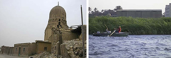 左は「死者の町」と呼ばれる、レンガづくりの墓の上につくられた住宅。　右はカイロ郊外のナイル河
