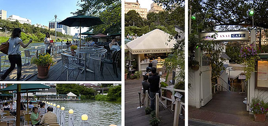 飯田橋駅そばの外堀に浮かぶ、カナルカフェ。都心にあるため、仕事帰りの普通の人たちが、気軽に訪れ、水面と川風を楽しんでいる。日本には少ない「水辺に面した飲食」を、洒落た形で提供してくれる、まさに都会のオアシスだ。