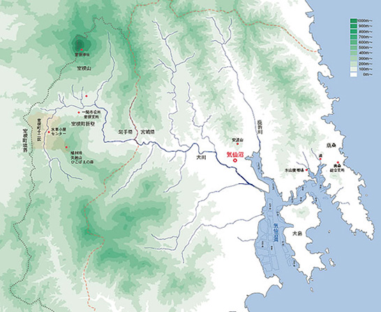 地図を見れば、気仙沼湾への分水嶺が県境ではなく室根町の境界線だということがよくわかる。