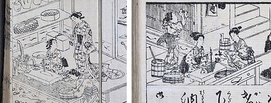 これらの図版から、江戸中期には家庭の台所で、足付き俎板と真魚箸を使って魚を調理していた様子がわかる。