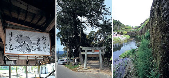 与止姫（よどひめ）を勧進する伏見神社（左）。溝は、裂田神社（中）を取り巻くように流れている。