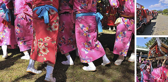 重たい神輿を担いで練り歩くことによって、土手が踏み固められる。着物は軟派だが、足許は硬派。