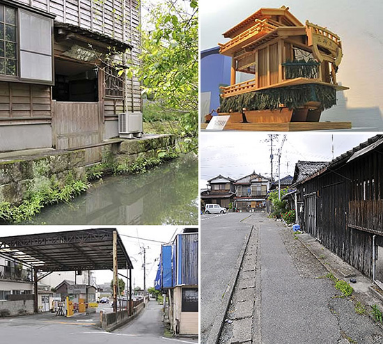 左上：今は稀少価値になった「水くん場」。右上：5月の沖端水天宮の祭につくられる、舟舞台の模型。下：課題は、まだある。駐車場や暗渠となってしまった掘割の復活だ。