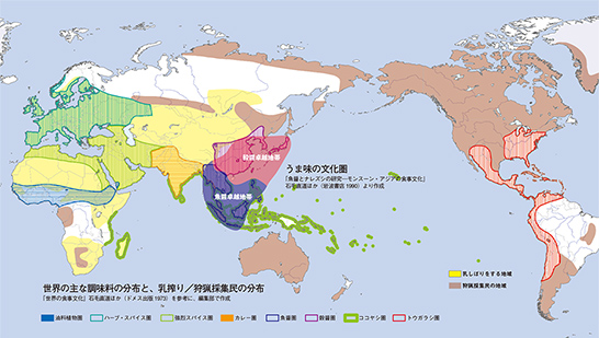世界の主な調味料の分布と乳搾り/狩猟採集民の分布