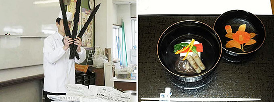 左：日本料理アカデミーが京都の小学校で行なった、だしの授業の風景。平八茶屋の園部晋吾さんが、一流のだし素材を紹介する。<br /> 右：園部さんがつくった澄まし汁。