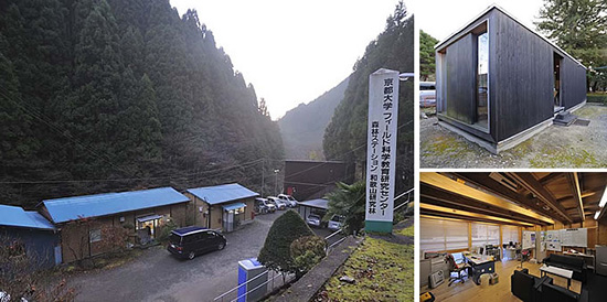 和歌山の事務所の一番奥、黒い壁の建物がj.Pod 。右：京都大学構内のj.Pod でつくられた連携研究推進棟。