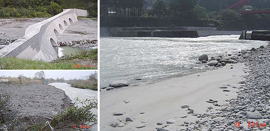左上：神通川水系の大暗渠砂防ダム。左下：福井県真名川の置き土　　右：黒部川排砂後の砂の堆積。