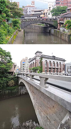 熊本市西唐人町にかかる明八橋（上）と明十橋（左）。