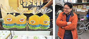 右：小金井市中央商店街協同組合理事長で亀屋本店代表の斉藤浩さん。和洋菓子の店亀屋本店では、湧水デザートとしてゼリーに利用している。