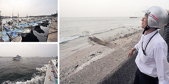 愛知用水は、海底パイプで日間賀島まで送られてくる。砂浜に盛り上がって見える部分がパイプ。日間賀島には、師崎港から10分足らずで到着。