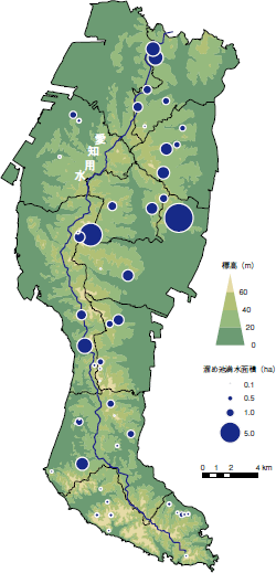 図：調査した池の面積と位置