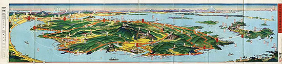 大正から昭和初期にかけて、日本全国を鳥瞰図として描いた吉田初三郎による愛知・知多半島の絵図。