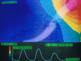西條館長がデンキウナギの放電を可視化した電位分布図。ウナギの前半分からは高い電気が出ていることを赤色が表わしている。放電するときのパルスもグラフから読み取れる。写真提供：マリンピア松島水族館