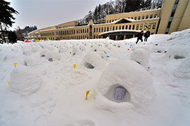 横手南小学校校庭には生徒がつくったミニかまくらが。