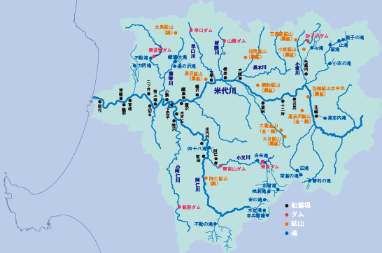 船着き場とダム、鉱山、滝をプロットしたもの。