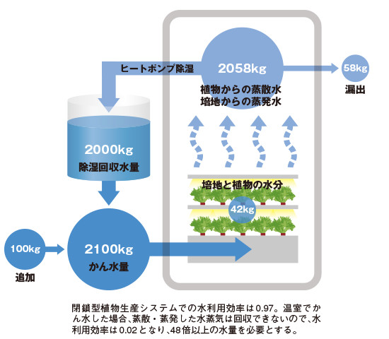 閉鎖型植物生産システムにおける水利用効率の実測例