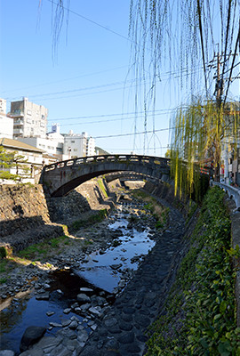 橋の下から、隣りの橋が見えるほど、近い間隔で架けられている中島川の石橋群