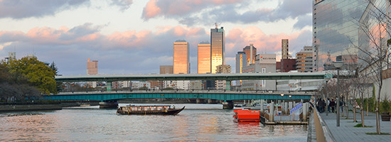 左の夜景の写真と同じアングルで撮った夕景