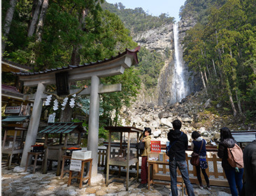 熊野那智大社の下には、飛瀧（ひろう）神社のご神体である一の滝が。