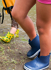 長靴とスニーカーで、水の中を歩き比べる。長靴は中に水が入ると歩きづらいし危険。