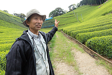 3haの茶畑を手がける森内吉男さん。お茶の質を左右する雨については、天気予報だけに頼らず雲の動きも読む
