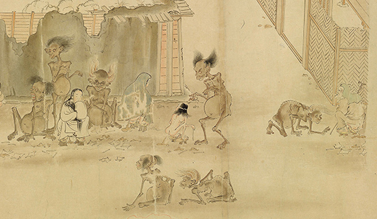 平安時代末期から鎌倉時代初期の作とされる『餓鬼草紙』。排便している周辺に「紙」が散乱している（国立国会図書館蔵）