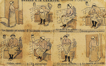 904年の消印があるフランスの絵葉書。トイレのマナーを描くなかにはトイレットロールも見られる