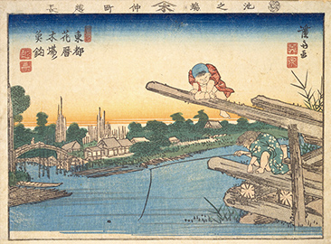 『東都花暦十景　木場ノ魚釣』渓斎英泉画（国立国会図書館蔵） 木場付近で釣りをする子ども。江戸時代、釣りは次第に庶民へと広がっていった