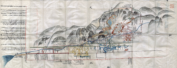 1695年作成の坑内測量図を1890年に模写した『佐州相川惣銀山敷岡高下振矩絵図』。太い赤線部分が南沢疎水道。元禄期（1688-1704）の測量技術では箱根用水と並んで世界的なものと称賛されている（株式会社ゴールデン佐渡蔵）