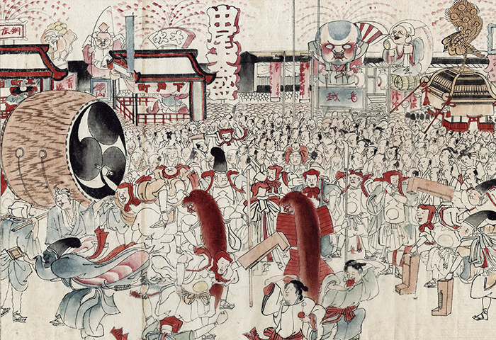 18世紀後半に記された『佐渡年中行事図』には相川の祭りとして鬼太鼓の様子が描かれている（舟崎文庫蔵）