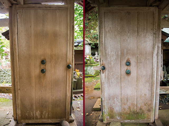 [7]称光寺の山門の扉。右が家大工、左が船大工によるもの。つなぎ目に工法の違いが表れている。1717年（享保2）の棟札が残る
