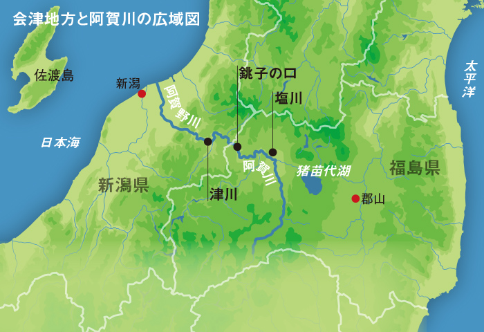 会津地方と阿賀川の広域図　舟運によって新潟から乾物などの海産物がもたらされ、会津からは年貢米のほか、青苧（あおそ）やたばこ、漆器などが送られた