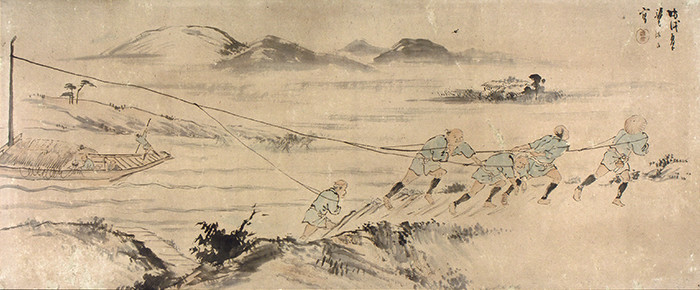 阿賀川の舟を綱で引き上げる江戸時代の人たちを描いた絵図『曳き舟の図』（個人蔵）
