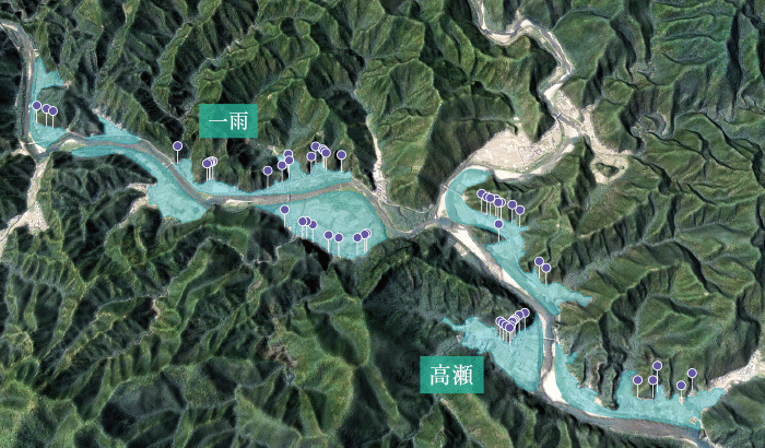 平田さんが調べた古座川の浸水域と「水上げ小屋」の分布図 平田隆行さん提供資料をもとに編集部作図