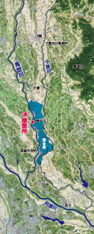 平成27年9月関東・東北豪雨によって鬼怒川の堤防が決壊した箇所と浸水域