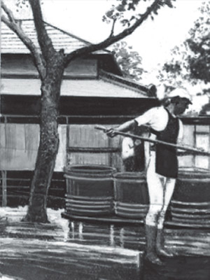 用水堀の水を木桶に汲んで売り歩いた「水屋」(提供：川崎市上下水道局）