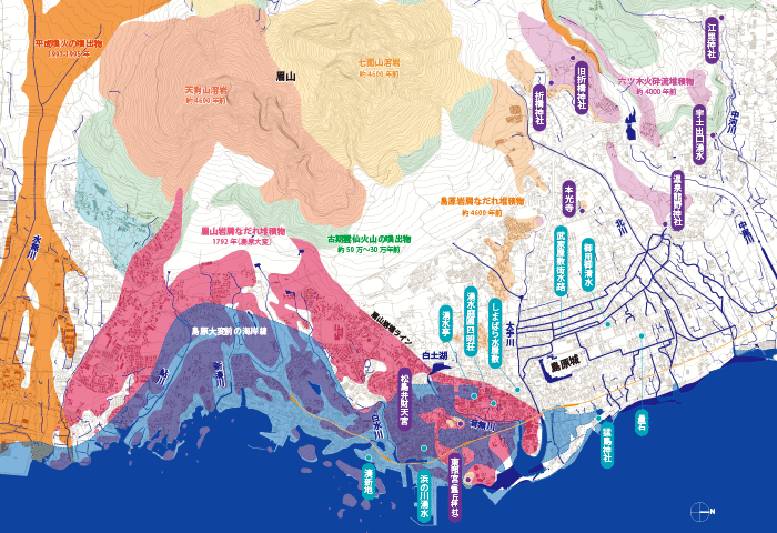 島原城下の噴火の履歴と海岸線の変遷 髙村研究室提供の資料および国土地理院基盤地図情報「長崎」をもとに編集部作図