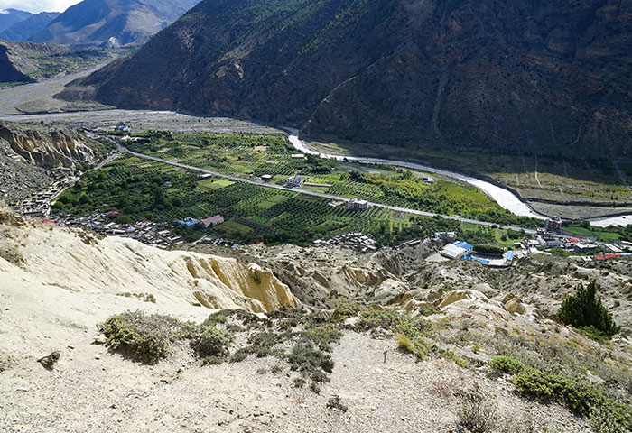 中央ネパール・カリガンダキ川上流のマルファ村。乾燥した環境のなか、氷河に端を発する河川の水を利用して大麦やリンゴを栽培している