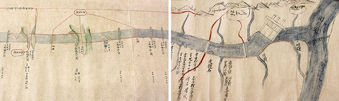 上江用水路の絵図面。右が1804年（文化元）、左が1874年（明治7） 提供：関川水系土地改良区