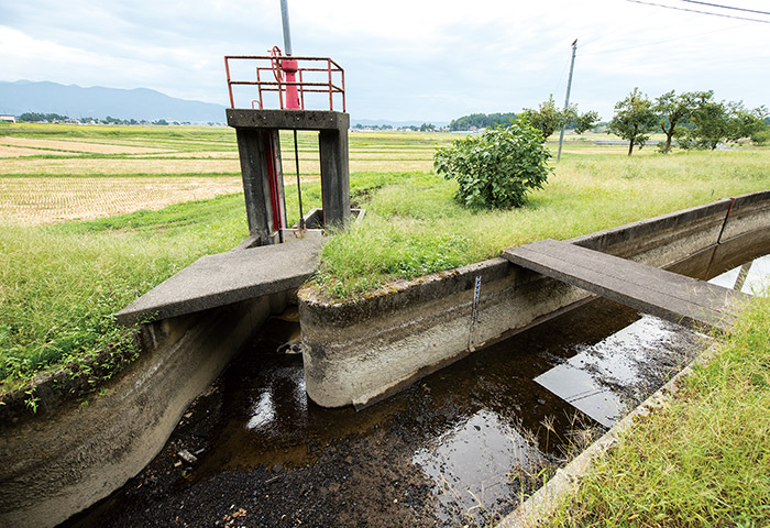 上江用水路の分水ゲート。右が幹線で左が支線。番水のときはここを開閉する