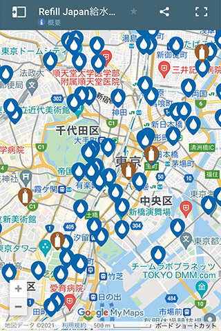 Refill Japan給水スポットマップのスマホ画面