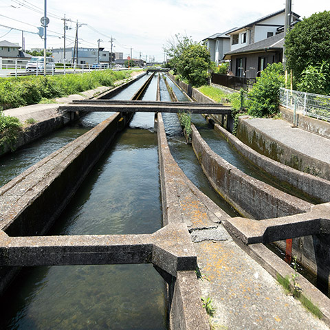 「円筒分水工」の水路は6本。耕作面積によって公平に水が配られている