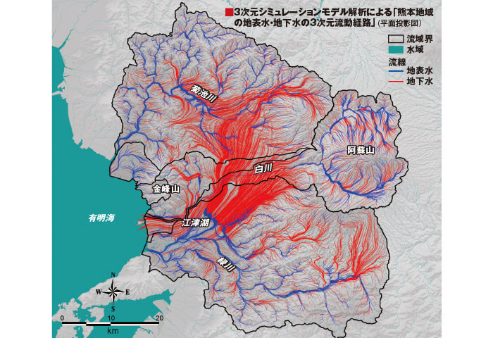 3次元シュミレーションモデル解析による「熊本地域の地表水・地下水の3次元流動経路」（平面投影図）