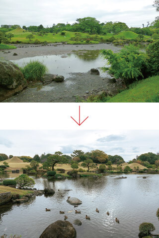 （上）熊本地震直後に干上がった水前寺成趣園の湧水池（下）現在の水前寺成趣園の湧水池。水は1カ月ほどで元に戻った